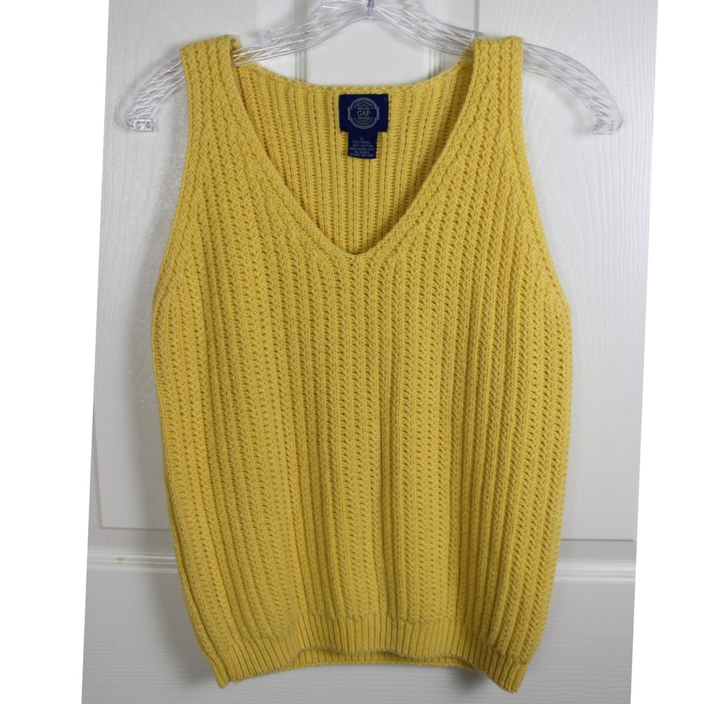 Vintage Gap Yellow Knit Sweater Vest V-Neck Ribbed Ramie Cotton Womens Large